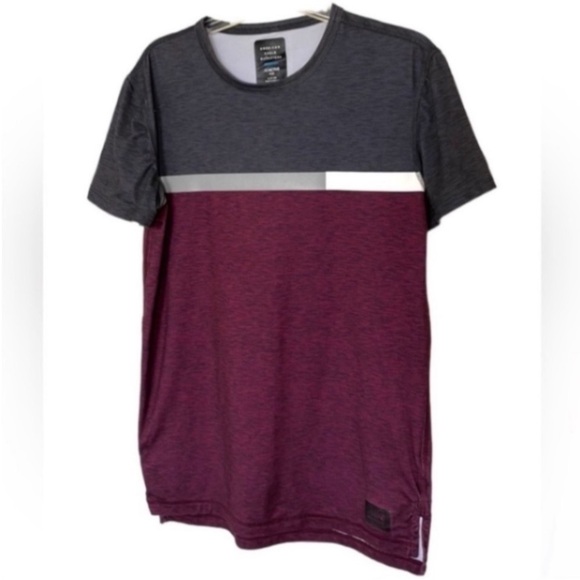American Eagle Shirt Active Flex Gray Burgundy Workout Performance Stretch Sport - Picture 1 of 16